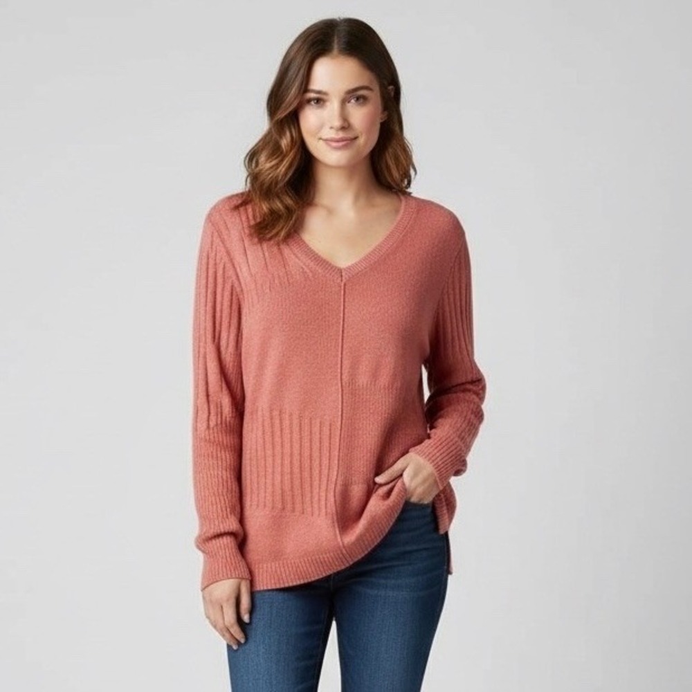Sundance V-Neck Long Sleeve Tunic‎ Sweater Textured Knit Pink Coral Medium